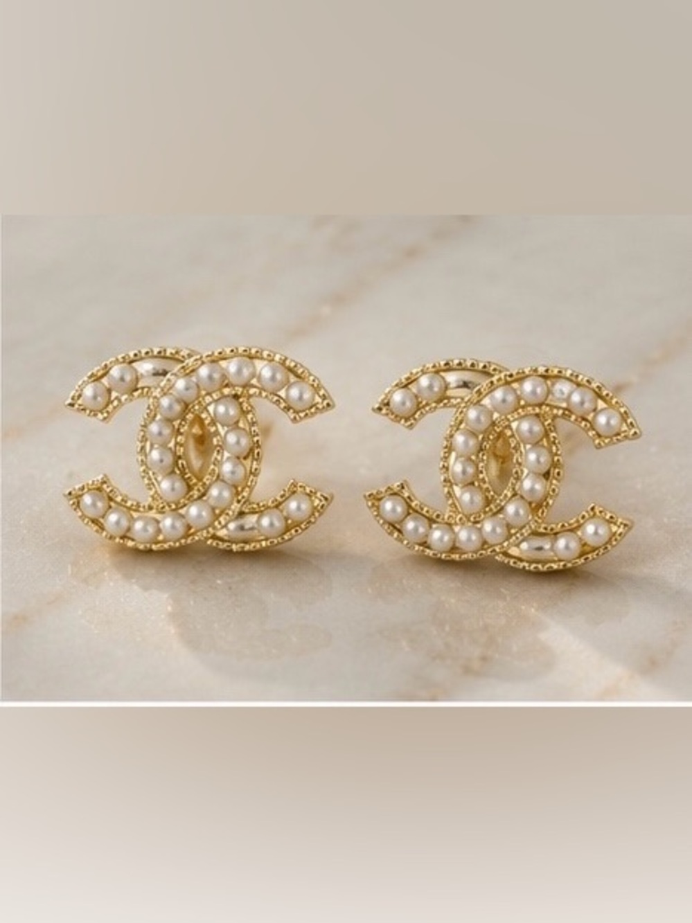 Gold Tone Pearl & Crystal CC Style Stud Earrings - Picture 5 of 8